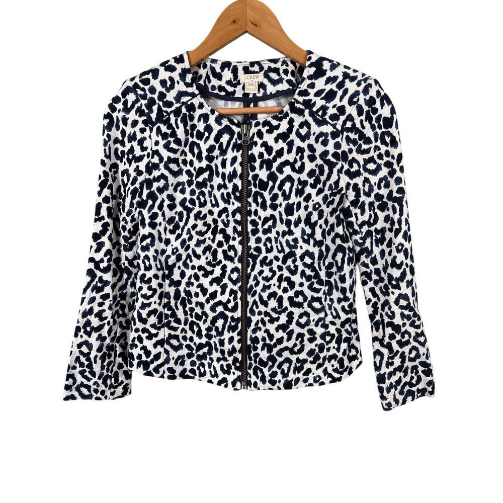 J. Crew Women Size XXS Blue and White Leopard Print Full‎ Zip Moto Bomber Jacket